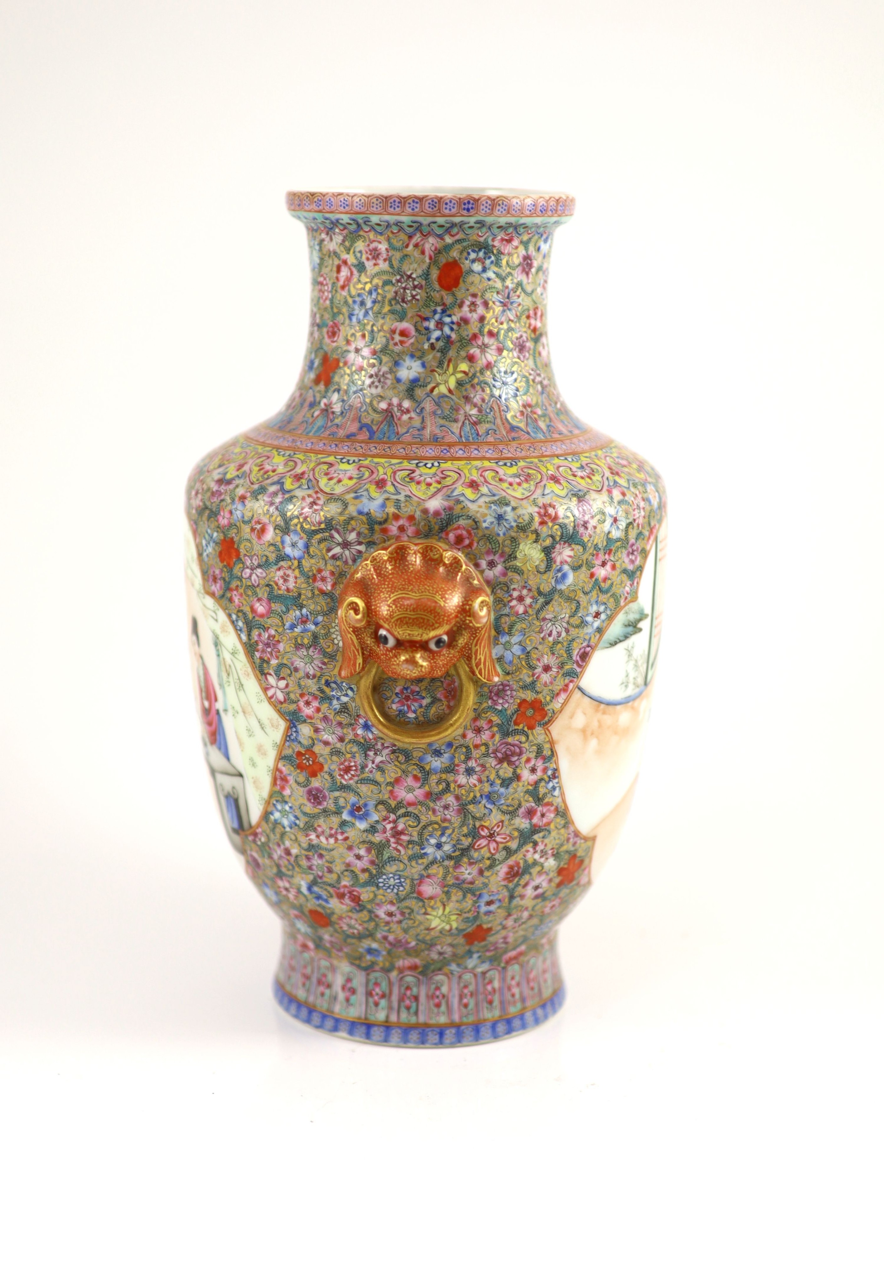 A Chinese famille rose millefleur vase, Qianlong mark but Republic period, 28cm high